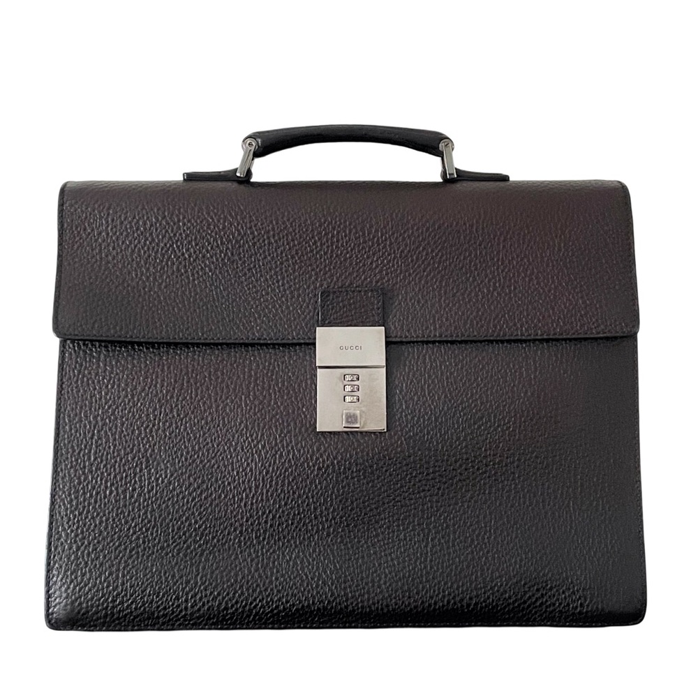 Gucci dark brown black pebbled leather unisex briefcase laptop bag